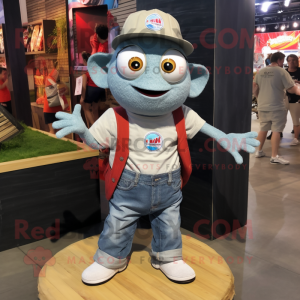 Gray Ceviche mascot costume character dressed with a Denim Shorts and Keychains