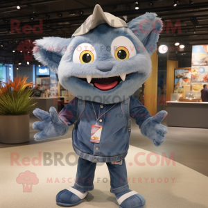 Gray Ceviche mascot costume character dressed with a Denim Shorts and Keychains