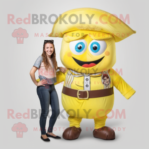 Lemon Yellow Pirate mascot costume character dressed with a Mom Jeans and Cummerbunds