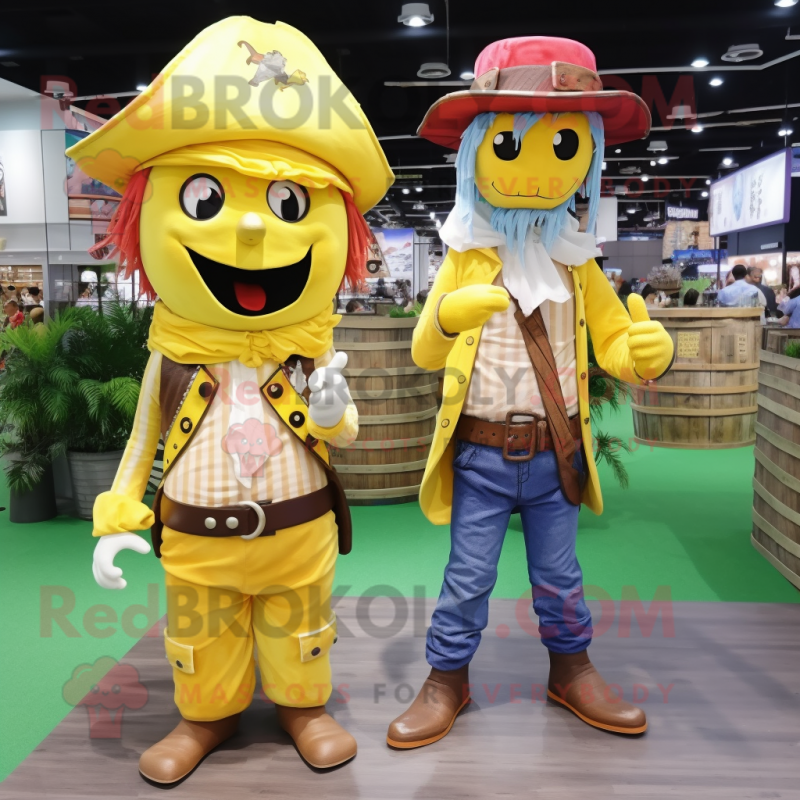 Lemon Yellow Pirate mascot costume character dressed with a Mom Jeans and Cummerbunds Lemon Yellow Pirate mascot costume character dressed with a Mom Jeans and Cummerbunds