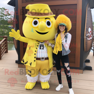 Lemon Yellow Pirate mascot costume character dressed with a Mom Jeans and Cummerbunds