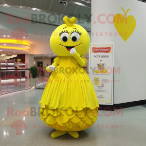 Lemon Yellow Heart mascot costume character dressed with a Ball Gown and Coin purses
