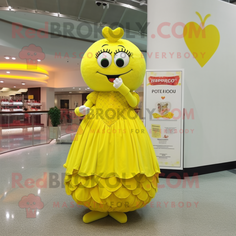 Lemon Yellow Heart mascot costume character dressed with a Ball Gown and Coin purses Lemon Yellow Heart mascot costume character dressed with a Ball Gown and Coin purses