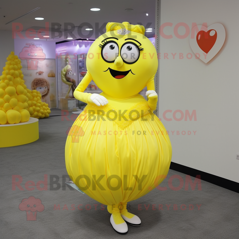 Lemon Yellow Heart mascot costume character dressed with a Ball Gown and Coin purses Lemon Yellow Heart mascot costume character dressed with a Ball Gown and Coin purses