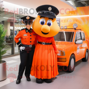Orange Police Officer mascot costume character dressed with a Maxi Skirt and Hairpins