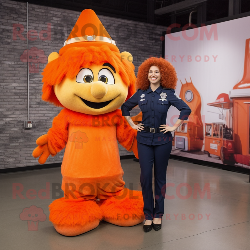 Orange Police Officer mascot costume character dressed with a Maxi Skirt and Hairpins