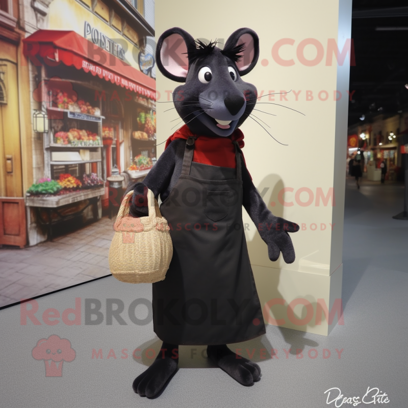 Black Ratatouille mascot costume character dressed with a Dress Shirt and Tote bags Black Ratatouille mascot costume character dressed with a Dress Shirt and Tote bags