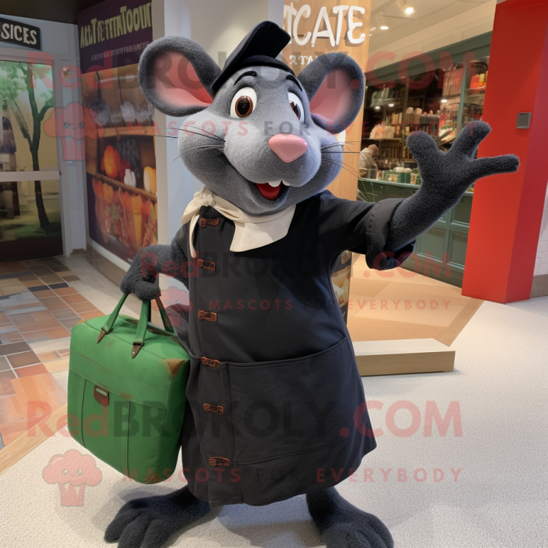 Black Ratatouille mascot costume character dressed with a Dress Shirt and Tote bags Black Ratatouille mascot costume character dressed with a Dress Shirt and Tote bags