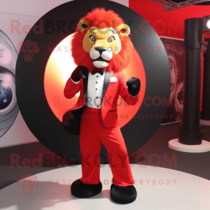 Red Tamer Lion mascot costume character dressed with a Tuxedo and Rings