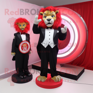 Red Tamer Lion mascot costume character dressed with a Tuxedo and Rings