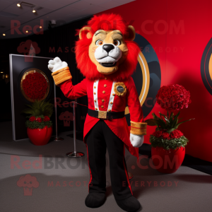 Red Tamer Lion mascot costume character dressed with a Tuxedo and Rings