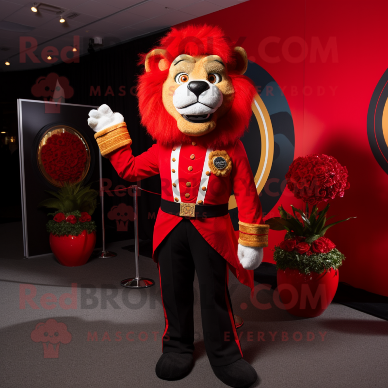 Red Tamer Lion mascot costume character dressed with a Tuxedo and Rings Red Tamer Lion mascot costume character dressed with a Tuxedo and Rings