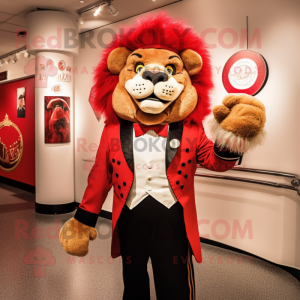 Red Tamer Lion mascot costume character dressed with a Tuxedo and Rings