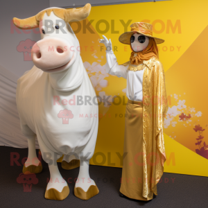 Gold Hereford Cow mascot costume character dressed with a Maxi Dress and Pocket squares