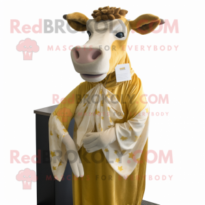 Gold Hereford Cow mascot costume character dressed with a Maxi Dress and Pocket squares