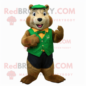 Forest Green Marmot mascot costume character dressed with a Dungarees and Bow ties