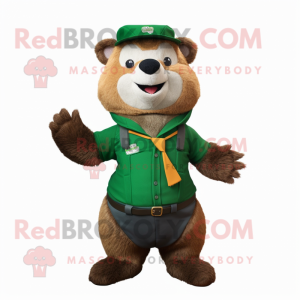 Forest Green Marmot mascot costume character dressed with a Dungarees and Bow ties