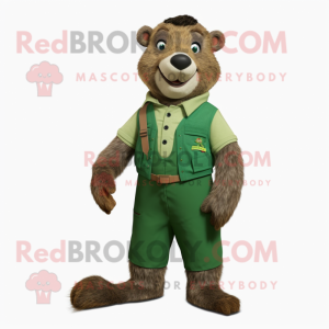 Forest Green Marmot mascot costume character dressed with a Dungarees and Bow ties