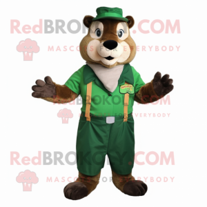 Forest Green Marmot mascot costume character dressed with a Dungarees and Bow ties