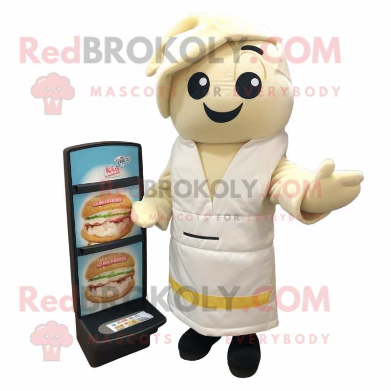 Cream Sushi mascot costume character dressed with a Playsuit and Wallets Cream Sushi mascot costume character dressed with a Playsuit and Wallets