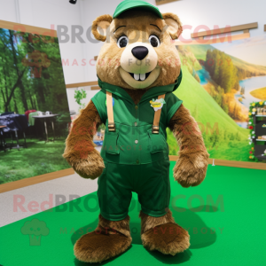 Forest Green Marmot mascot costume character dressed with a Dungarees and Anklets