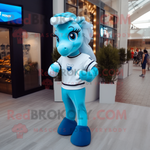 Sky Blue Mare mascot costume character dressed with a T-Shirt and Smartwatches