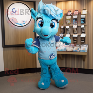 Sky Blue Mare mascot costume character dressed with a T-Shirt and Smartwatches