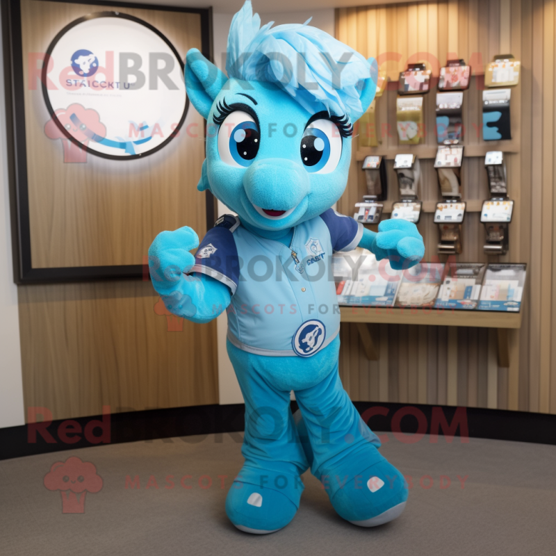 Sky Blue Mare mascot costume character dressed with a T-Shirt and Smartwatches Sky Blue Mare mascot costume character dressed with a T-Shirt and Smartwatches