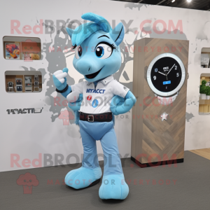 Sky Blue Mare mascot costume character dressed with a T-Shirt and Smartwatches