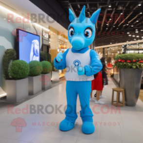 Sky Blue Mare mascot costume character dressed with a T-Shirt and Smartwatches