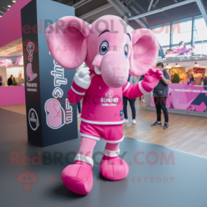 Pink Elephant mascot costume character dressed with a Rugby Shirt and Smartwatches