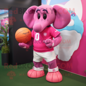 Pink Elephant mascot costume character dressed with a Rugby Shirt and Smartwatches