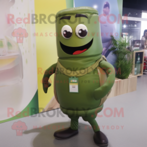 Olive Scented Candle mascot costume character dressed with a Tank Top and Backpacks