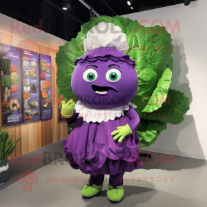 Purple Cabbage mascot costume character dressed with a Shift Dress and Earrings