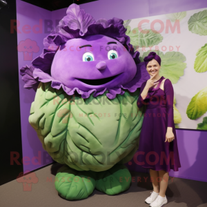Purple Cabbage mascot costume character dressed with a Shift Dress and Earrings