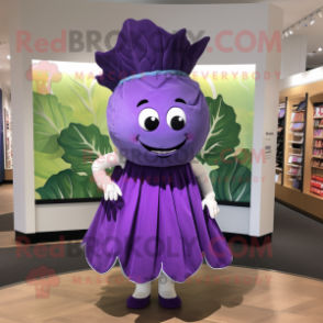 Purple Cabbage mascot costume character dressed with a Shift Dress and Earrings