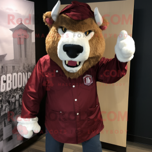 Maroon Bison mascot costume character dressed with a Henley Shirt and Cufflinks