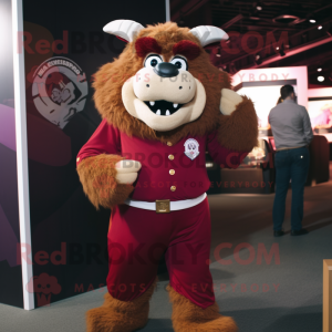 Maroon Bison mascot costume character dressed with a Henley Shirt and Cufflinks