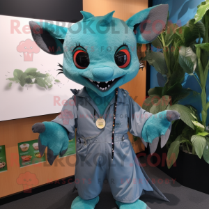 Teal Fruit Bat mascot costume character dressed with a Romper and Belts