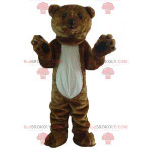 Mascote gigante urso marrom e branco, macio e peludo -