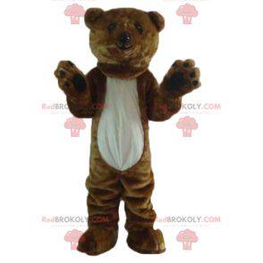 Giant soft and hairy brown and white bear mascot -