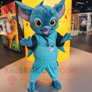 Teal Fruit Bat mascot costume character dressed with a Romper and Belts