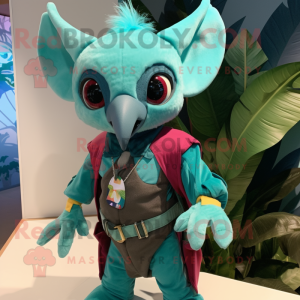 Teal Fruit Bat mascot costume character dressed with a Romper and Belts