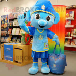 Sky Blue Pot Of Gold mascot costume character dressed with a Bermuda Shorts and Keychains