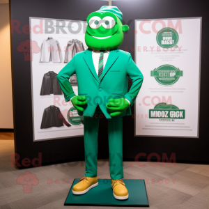 Green Attorney mascot costume character dressed with a Henley Shirt and Shoe clips