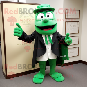 Green Attorney mascot costume character dressed with a Henley Shirt and Shoe clips