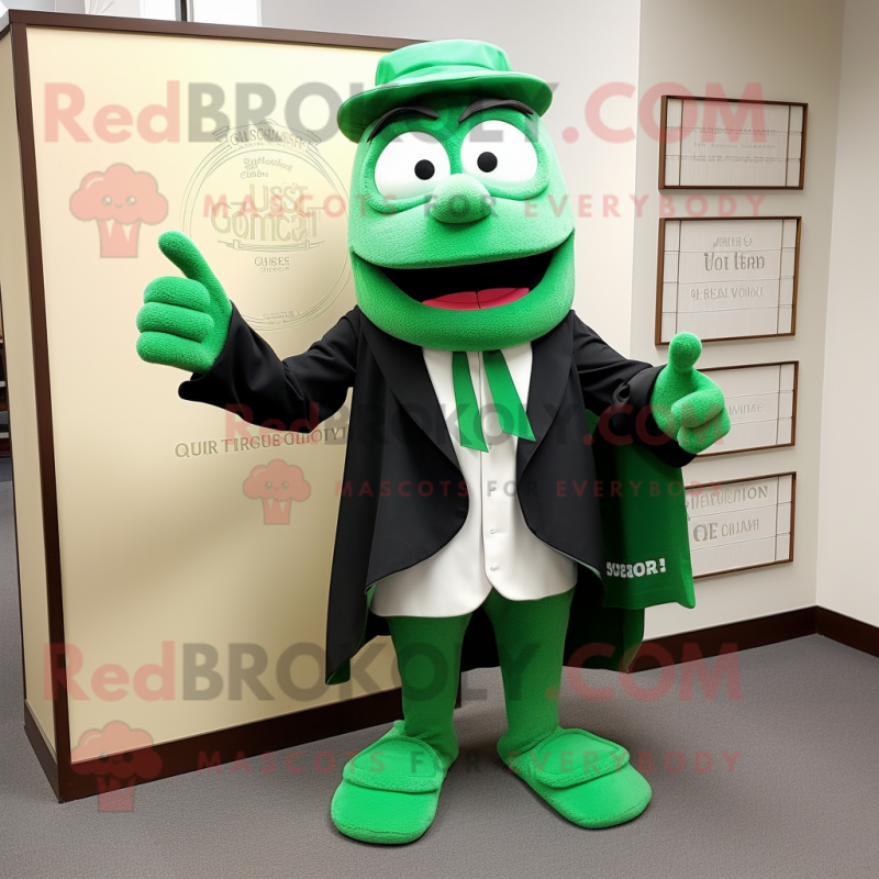 Green Attorney mascot costume character dressed with a Henley Shirt and Shoe clips Green Attorney mascot costume character dressed with a Henley Shirt and Shoe clips