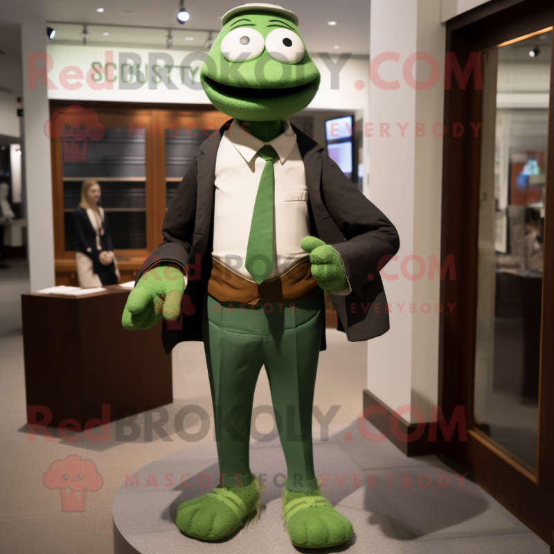 Green Attorney mascot costume character dressed with a Henley Shirt and Shoe clips