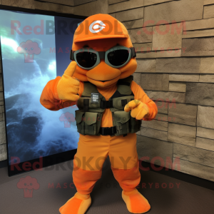 Orange Marine Recon mascot costume character dressed with a Vest and Gloves