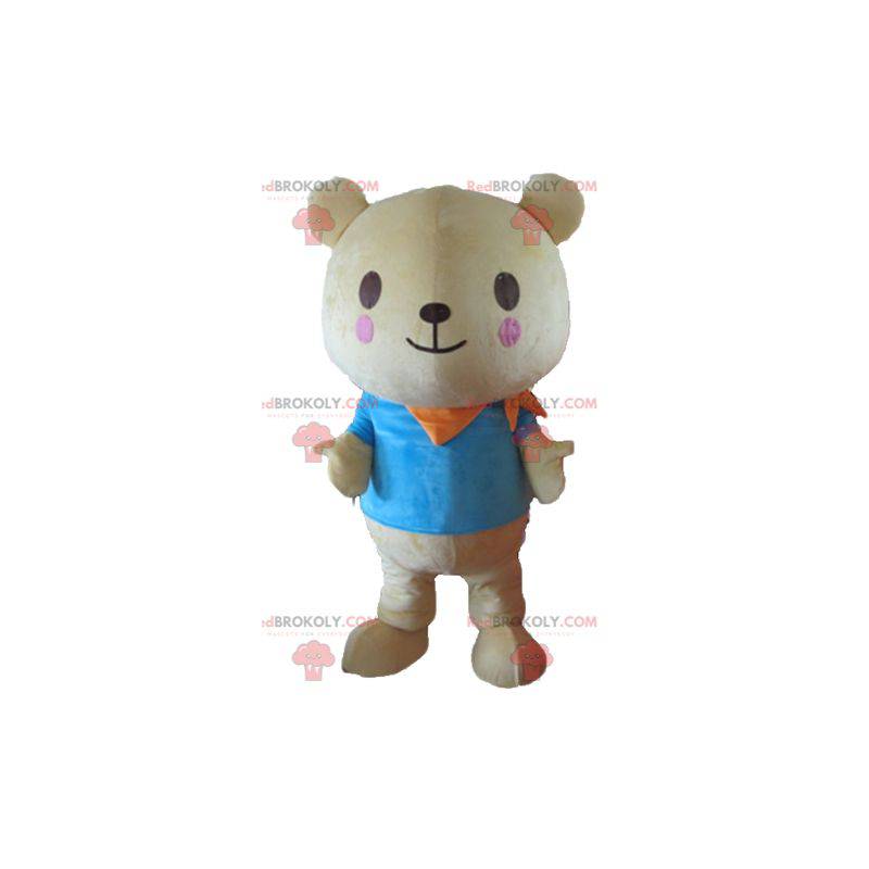 Big beige Teddybär Maskottchen mit einem blauen T-Shirt -